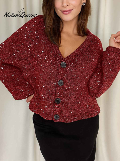Women's V-neck Long Sleeve Sequined Casual Loose Knit Cardigan
