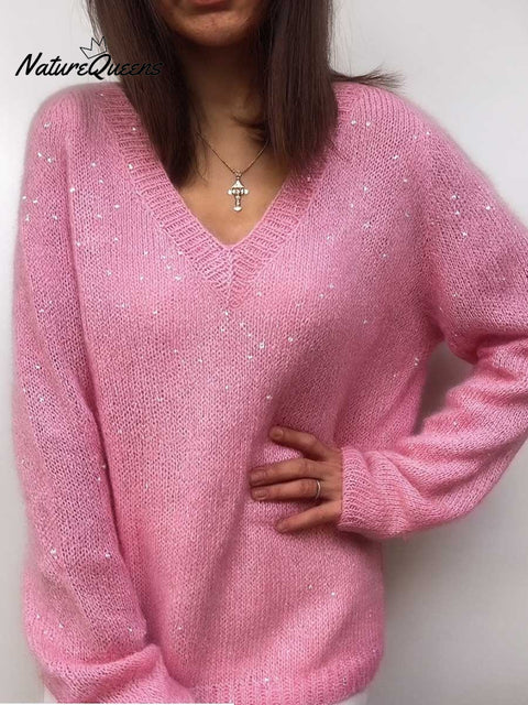 Women's V-neck Long Sleeve Sequined Casual Loose Knit Top