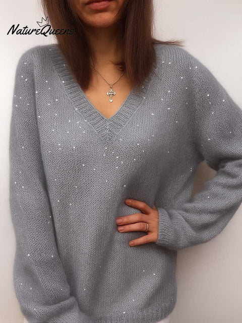 Women's V-neck Long Sleeve Sequined Casual Loose Knit Top