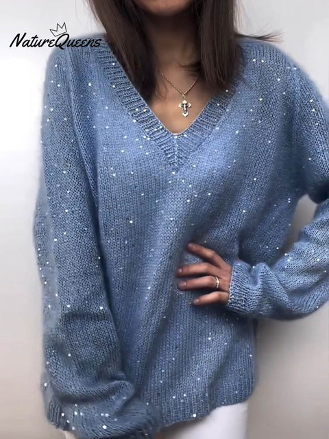 Women's V-neck Long Sleeve Sequined Casual Loose Knit Top