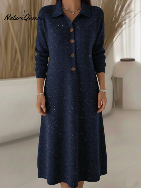 Classic Polo Collar Button Shiny Knitted Midi Dress