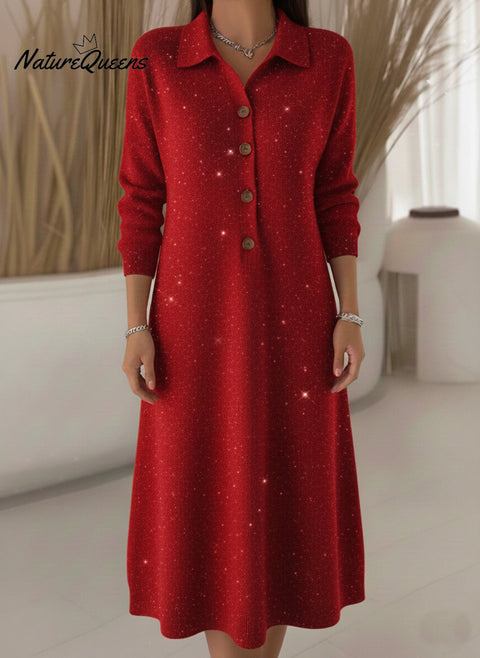 Classic Polo Collar Button Shiny Knitted Midi Dress