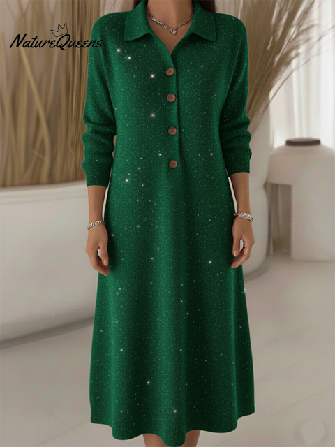 Classic Polo Collar Button Shiny Knitted Midi Dress