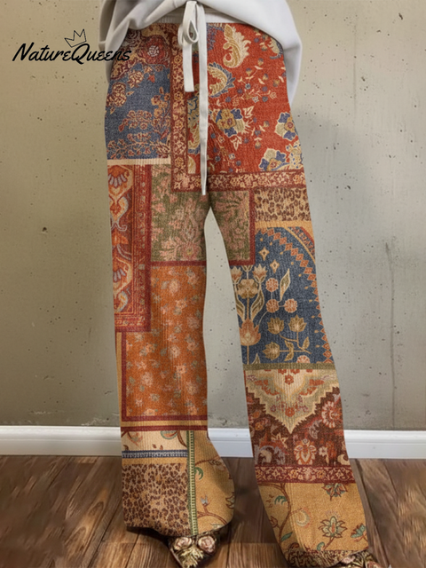 Women's Boho Floral Stitching Print Knitted Stretch Pants