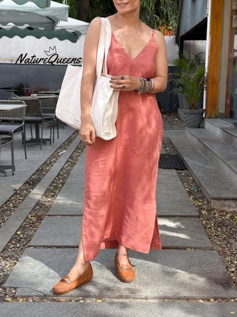 Women's Casual Solid Color Sling Slit Cotton and Linen Dress