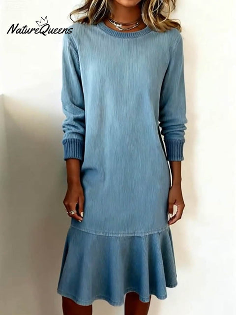 Women's Casual Round Neck Long Sleeve Corduroy Dress