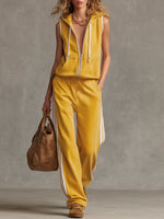 Sporty Retro Striped Yellow Cotton Blend Sleeveless Hooded Sweatshirt And Pants Set