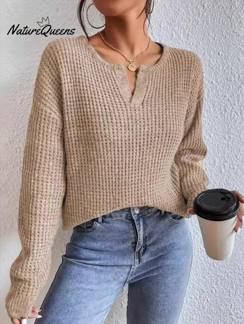 Women'S Solid Color V-Neck Casual Sweater