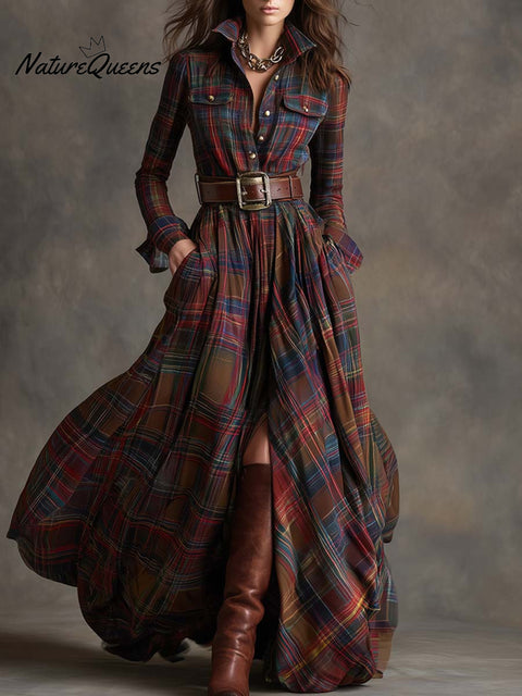 Retro Ethnic Style Lapel Reddish Brown Plaid Maxi Dress