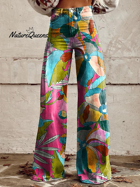 Women's Retro Color Floral Art Casual Wide Leg Pants