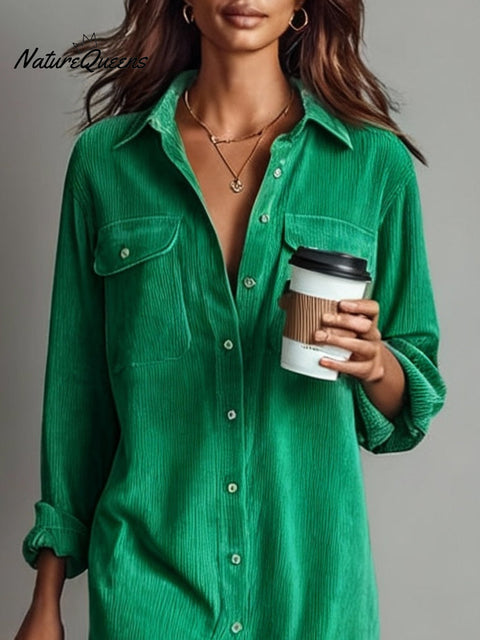 Loose Corduroy Double Chest Pocket Single Breasted Midi Dress