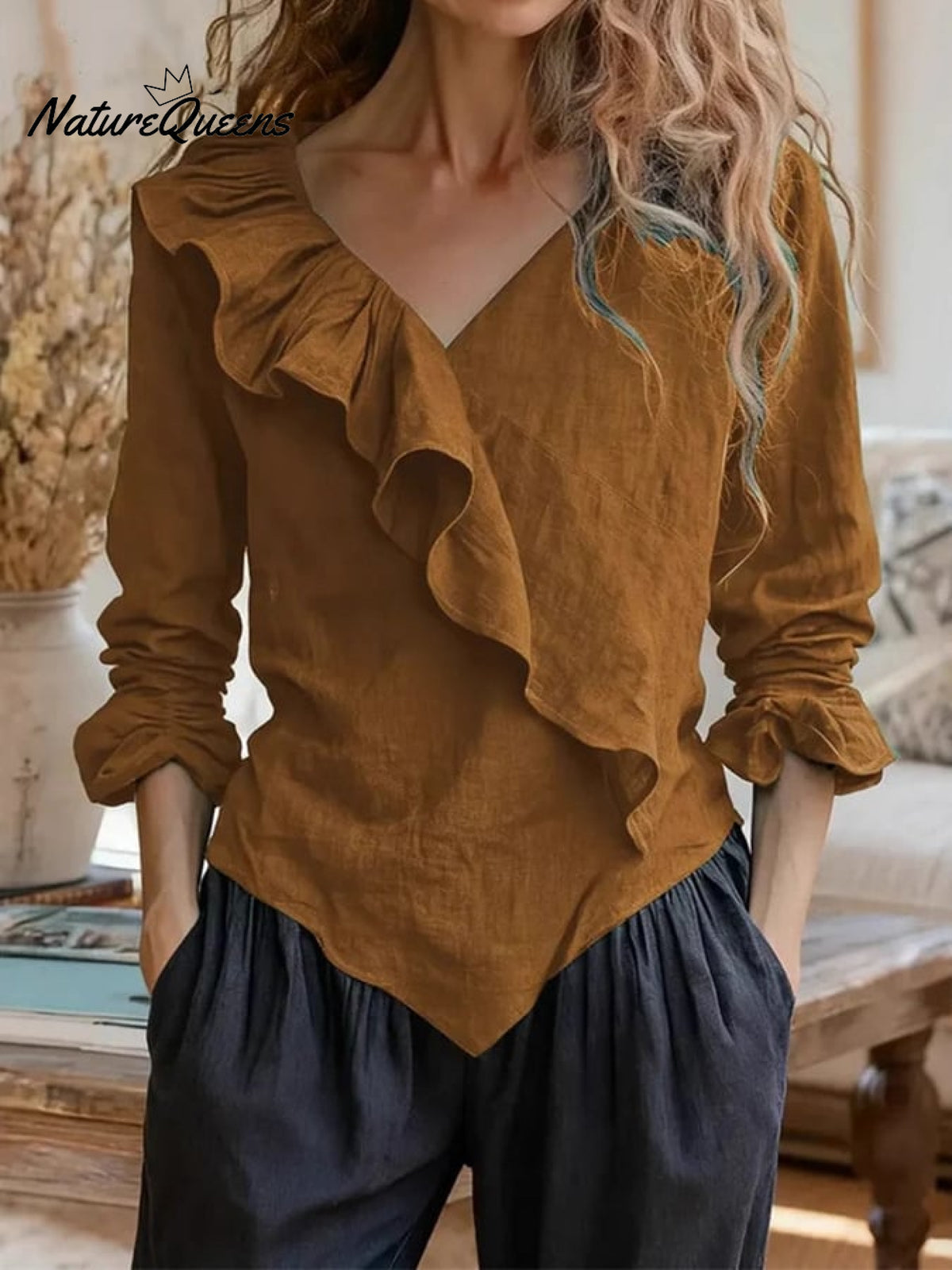 Women'S Solid Color V-Neck Ruffle Trim Cotton And Linen Top