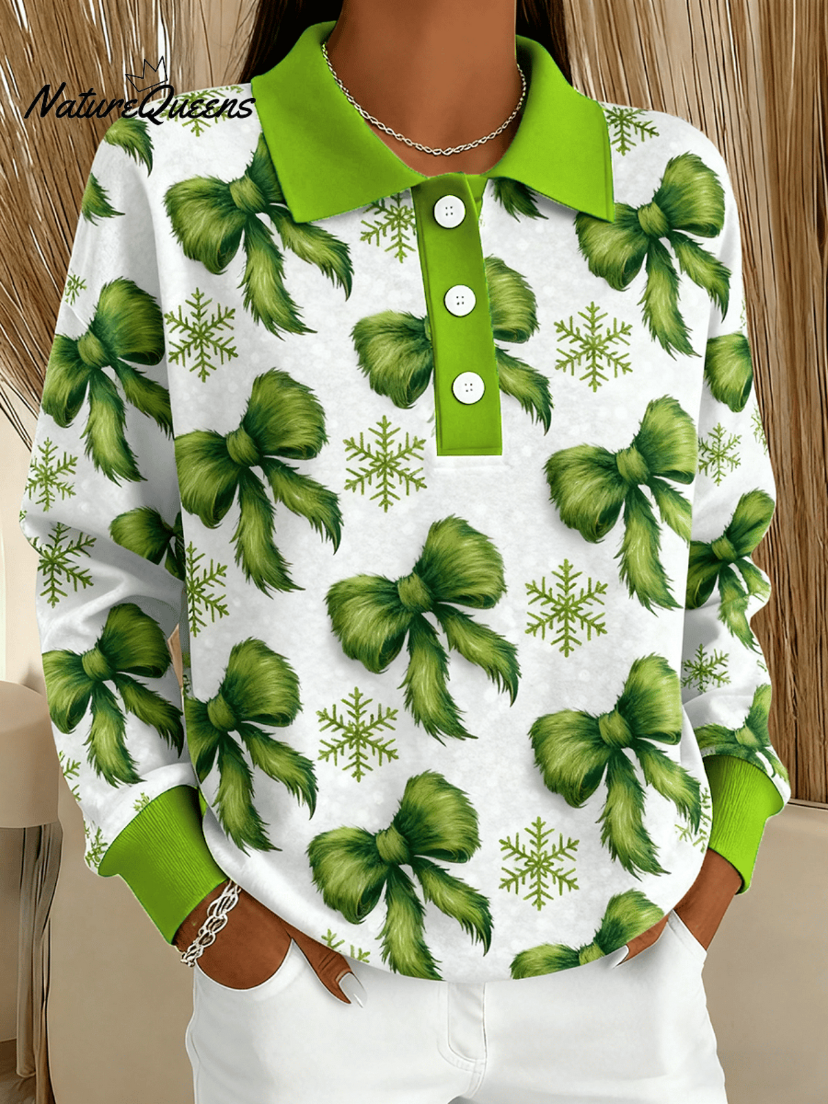 Women's Christmas Print Button-Down Lapel Sweatshirt