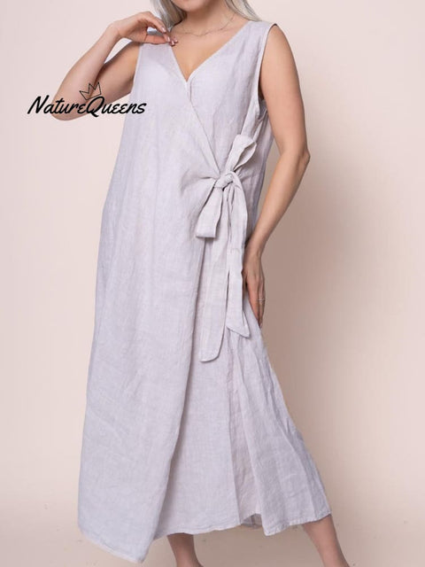 Women's Solid Color V-neck Tie Cotton Dress