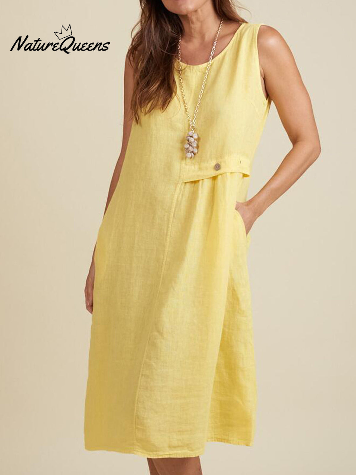 Women's Round Neck Pocket Cotton and Linen Dress