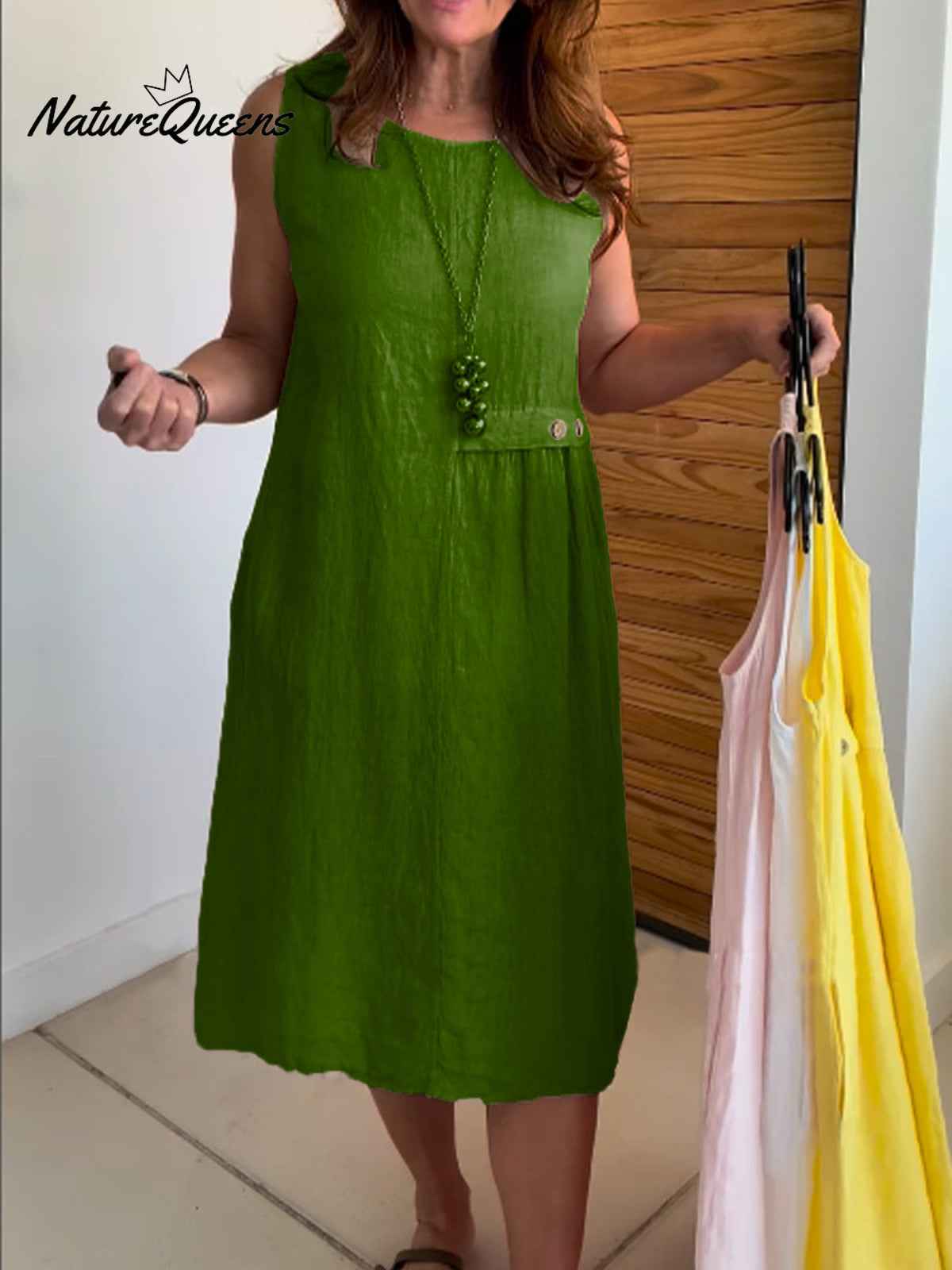 Women's Round Neck Pocket Cotton and Linen Dress