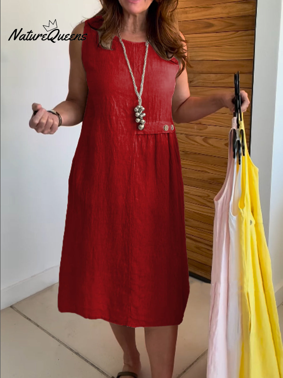 Women's Round Neck Pocket Cotton and Linen Dress