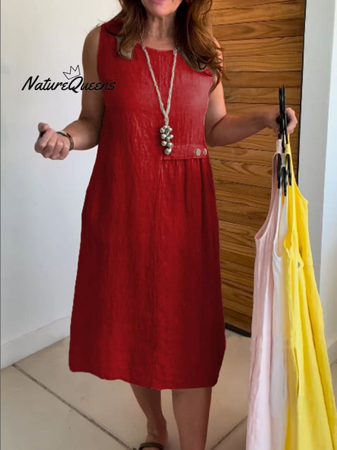 Women's Round Neck Pocket Cotton and Linen Dress