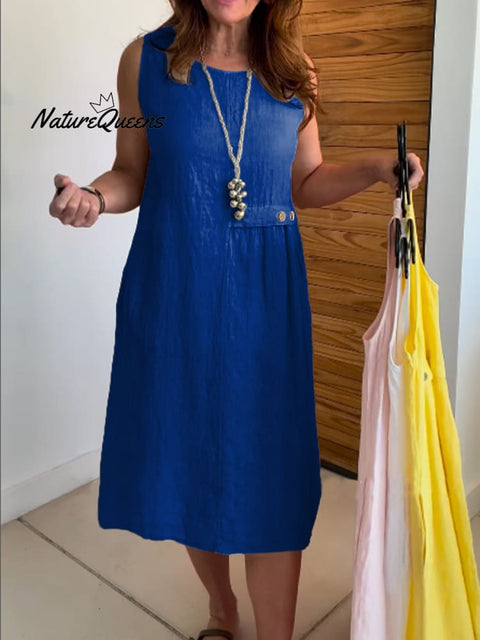 Women's Round Neck Pocket Cotton and Linen Dress