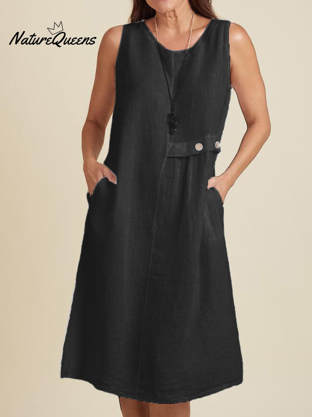 Women's Round Neck Pocket Cotton and Linen Dress