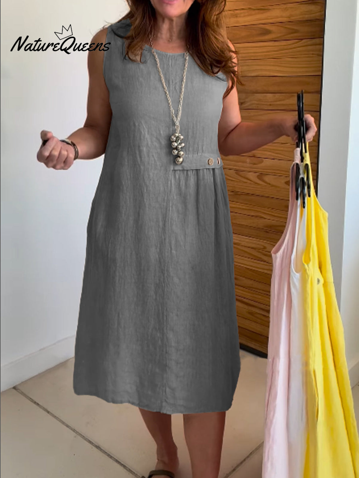 Women's Round Neck Pocket Cotton and Linen Dress