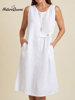 Women's Round Neck Pocket Cotton and Linen Dress
