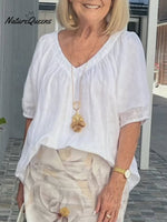 Women's V Neck Casual Cotton And Linen Shirt