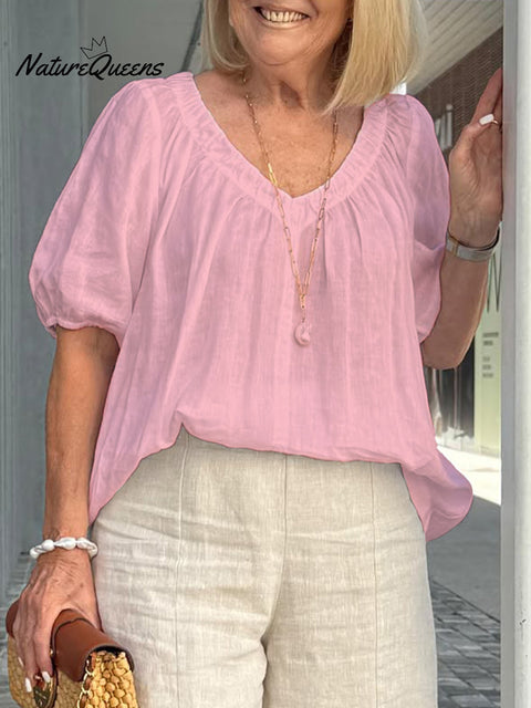 Women's V Neck Casual Cotton And Linen Shirt