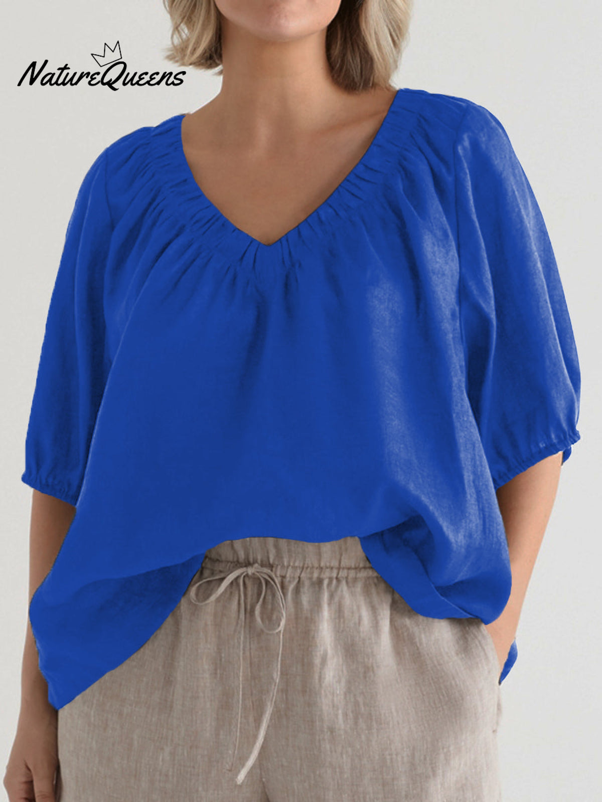 Women's V Neck Casual Cotton And Linen Shirt