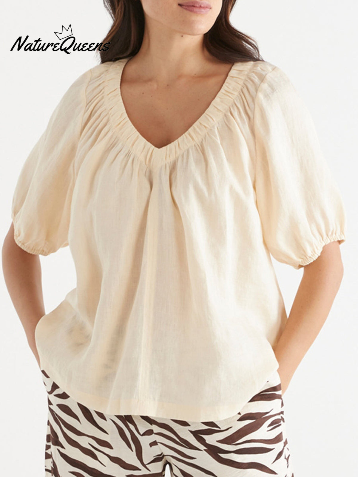 Women's V Neck Casual Cotton And Linen Shirt