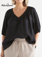 Women's V Neck Casual Cotton And Linen Shirt