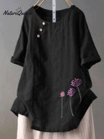 Women‘s Floral Embroidered Loose Linen Casual Shirt