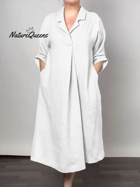 Women's V-Neck Pocket Cotton Dress