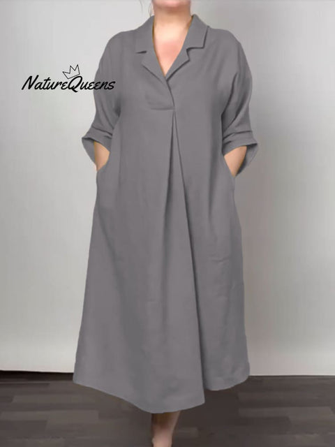 Women's V-Neck Pocket Cotton Dress