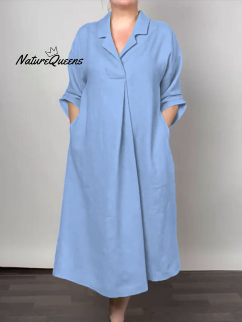 Women's V-Neck Pocket Cotton Dress