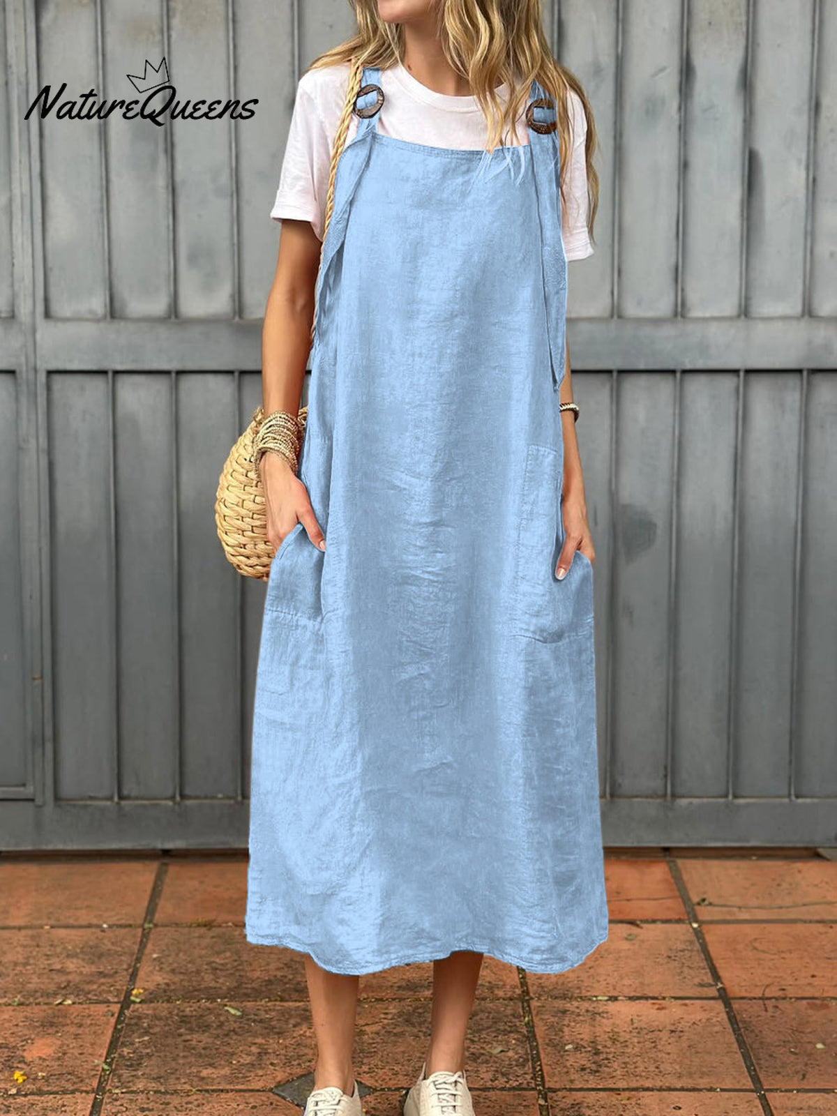 Women's Adjustable Shoulder Strap Pocket Cotton and Linen Dress