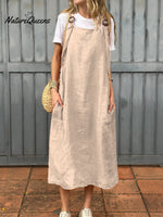 Women's Adjustable Shoulder Strap Pocket Cotton and Linen Dress