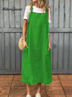 Women's Adjustable Shoulder Strap Pocket Cotton and Linen Dress