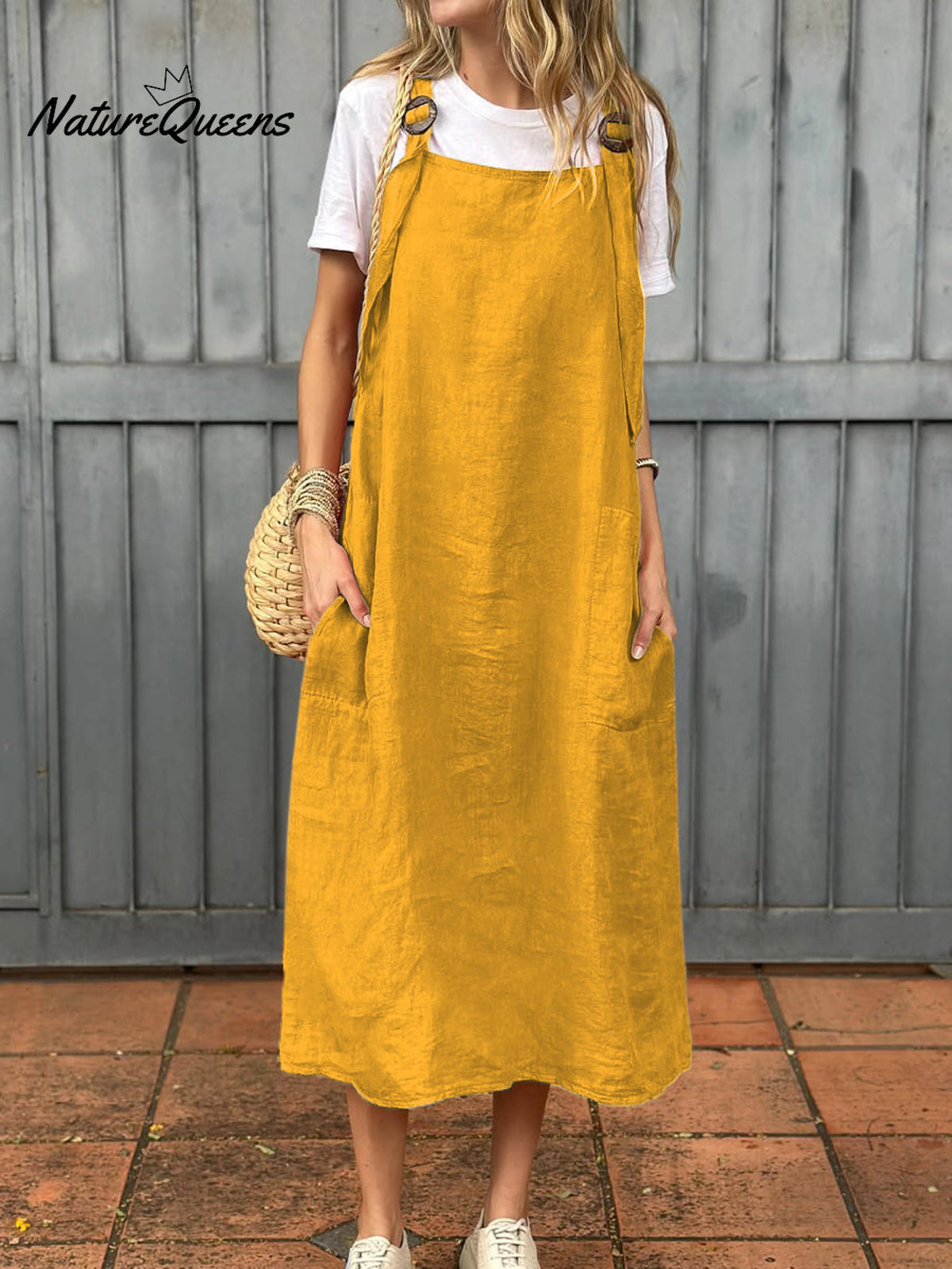 Women's Adjustable Shoulder Strap Pocket Cotton and Linen Dress