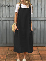 Women's Adjustable Shoulder Strap Pocket Cotton and Linen Dress