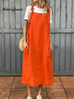 Women's Adjustable Shoulder Strap Pocket Cotton and Linen Dress