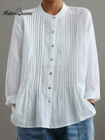 Women's Casual Cotton And Linen Pleated Shirt