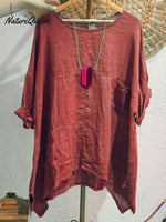 Women's Casual Cotton and Linen Round-neck Shirt