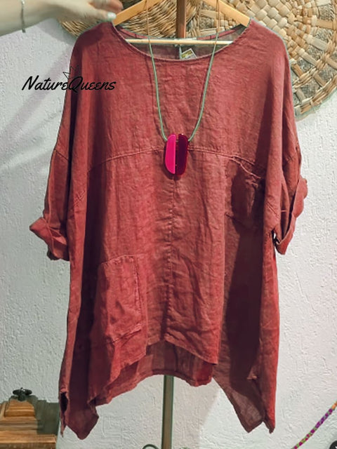 Women's Casual Cotton and Linen Round-neck Shirt