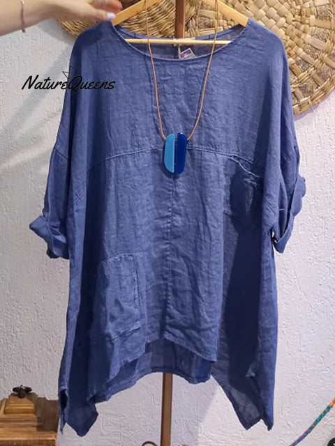 Women's Casual Cotton and Linen Round-neck Shirt