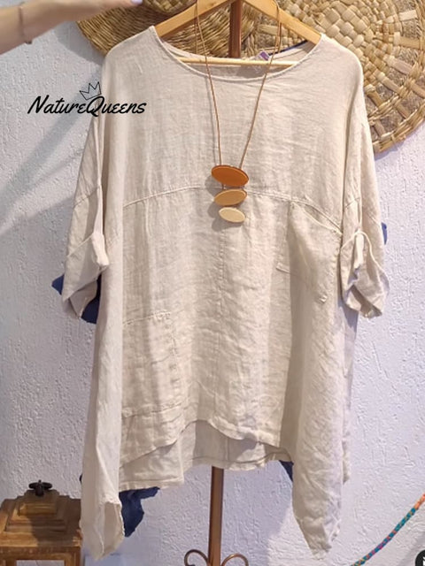 Women's Casual Cotton and Linen Round-neck Shirt