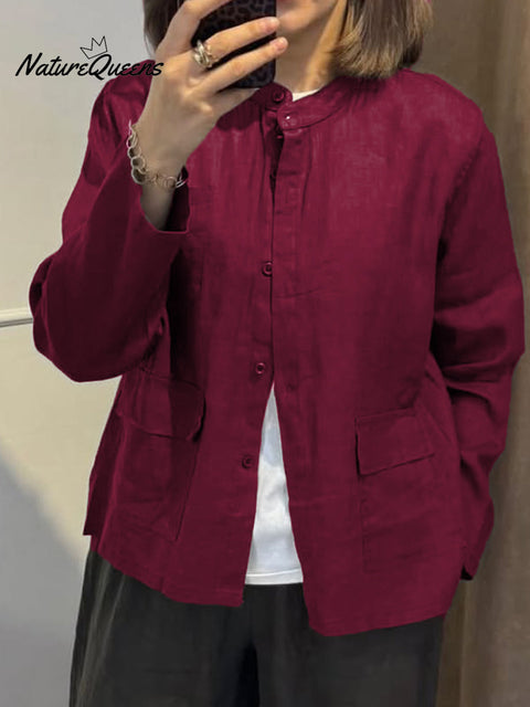 Women's Casual Stand Collar Casual Cotton and Linen Jacket