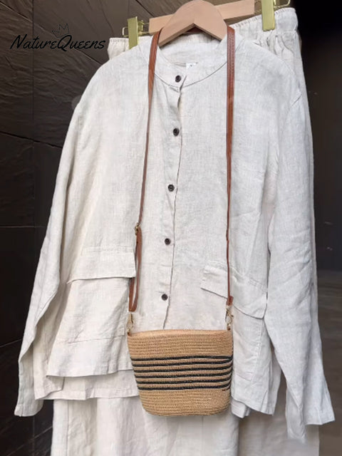 Women's Casual Stand Collar Casual Cotton and Linen Jacket