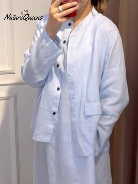 Women's Casual Stand Collar Casual Cotton and Linen Jacket