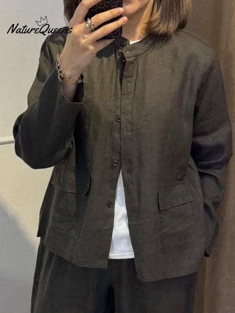 Women's Casual Stand Collar Casual Cotton and Linen Jacket